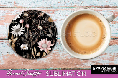 Watercolor Flowers Round Coaster - Floral Pink Sublimation Sublimation OrangeBrushStudio 