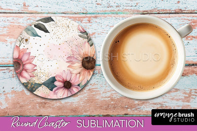 Watercolor Flowers Round Coaster - Floral Pink Sublimation Sublimation OrangeBrushStudio 