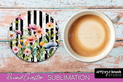 Watercolor Flowers Round Coaster - Floral Pink Sublimation Sublimation OrangeBrushStudio 