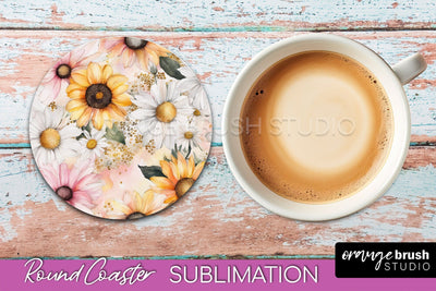 Watercolor Flowers Round Coaster - Floral Pink Sublimation Sublimation OrangeBrushStudio 
