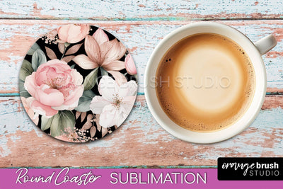 Watercolor Flowers Round Coaster - Floral Pink Sublimation Sublimation OrangeBrushStudio 