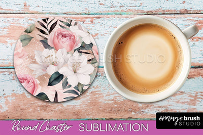 Watercolor Flowers Round Coaster - Floral Pink Sublimation Sublimation OrangeBrushStudio 