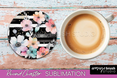 Watercolor Flowers Round Coaster - Floral Pink Sublimation Sublimation OrangeBrushStudio 
