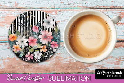 Watercolor Flowers Round Coaster - Floral Pink Sublimation Sublimation OrangeBrushStudio 