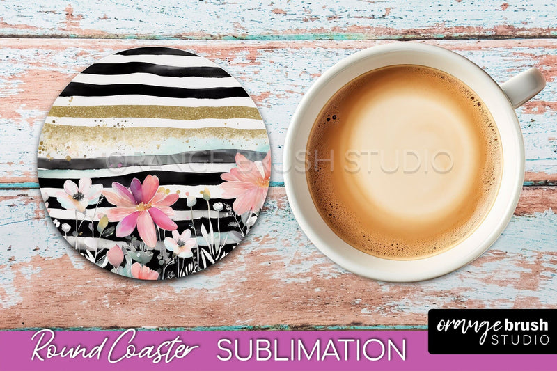 Watercolor Flowers Round Coaster - Floral Pink Sublimation Sublimation OrangeBrushStudio 