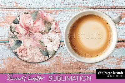 Watercolor Flowers Round Coaster - Floral Pink Sublimation Sublimation OrangeBrushStudio 