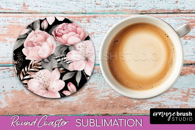Watercolor Flowers Round Coaster - Floral Pink Sublimation Sublimation OrangeBrushStudio 