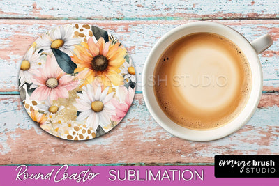 Watercolor Flowers Round Coaster - Floral Pink Sublimation Sublimation OrangeBrushStudio 