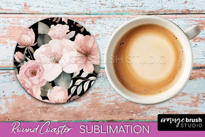 Watercolor Flowers Round Coaster - Floral Pink Sublimation Sublimation OrangeBrushStudio 