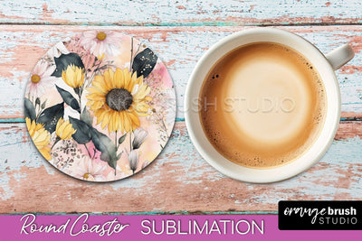 Watercolor Flowers Round Coaster - Floral Pink Sublimation Sublimation OrangeBrushStudio 