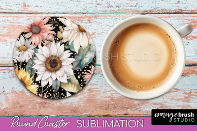 Watercolor Flowers Round Coaster - Floral Pink Sublimation Sublimation OrangeBrushStudio 