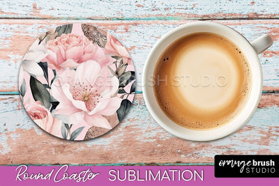Watercolor Flowers Round Coaster - Floral Pink Sublimation Sublimation OrangeBrushStudio 