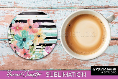 Watercolor Flowers Round Coaster - Floral Pink Sublimation Sublimation OrangeBrushStudio 