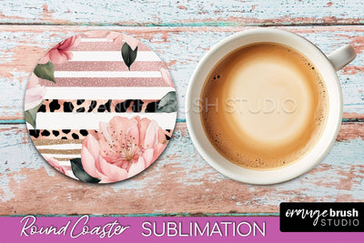 Watercolor Flowers Round Coaster - Floral Pink Sublimation Sublimation OrangeBrushStudio 