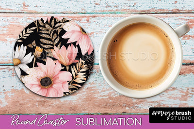 Watercolor Flowers Round Coaster - Floral Pink Sublimation Sublimation OrangeBrushStudio 