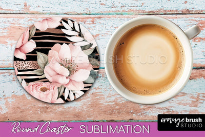 Watercolor Flowers Round Coaster - Floral Pink Sublimation Sublimation OrangeBrushStudio 
