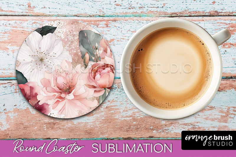 Watercolor Flowers Round Coaster - Floral Pink Sublimation Sublimation OrangeBrushStudio 