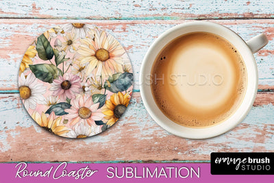 Watercolor Flowers Round Coaster - Floral Pink Sublimation Sublimation OrangeBrushStudio 