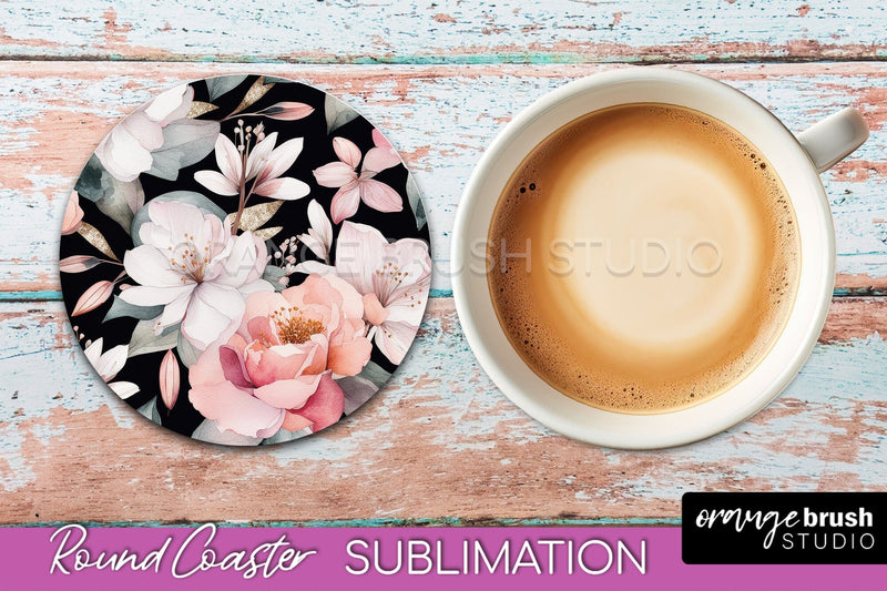 Watercolor Flowers Round Coaster - Floral Pink Sublimation Sublimation OrangeBrushStudio 