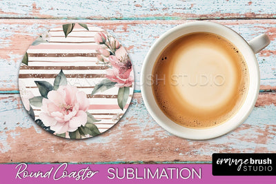 Watercolor Flowers Round Coaster - Floral Pink Sublimation Sublimation OrangeBrushStudio 