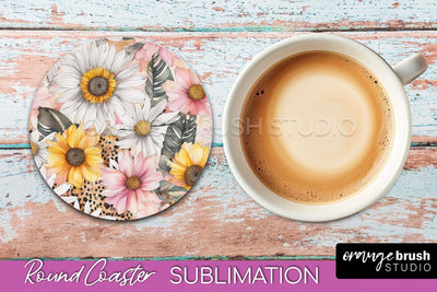 Watercolor Flowers Round Coaster - Floral Pink Sublimation Sublimation OrangeBrushStudio 