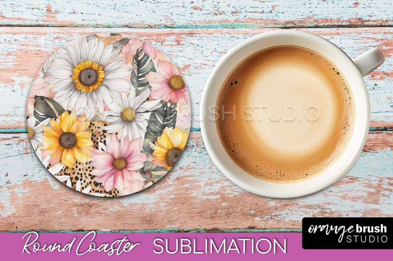 Watercolor Flowers Round Coaster - Floral Pink Sublimation Sublimation OrangeBrushStudio 