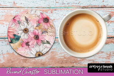 Watercolor Flowers Round Coaster - Floral Pink Sublimation Sublimation OrangeBrushStudio 