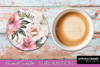 Watercolor Flowers Round Coaster - Floral Pink Sublimation Sublimation OrangeBrushStudio 