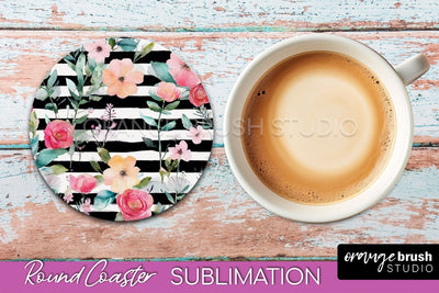 Watercolor Flowers Round Coaster - Floral Pink Sublimation Sublimation OrangeBrushStudio 