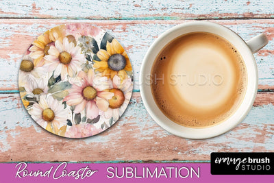 Watercolor Flowers Round Coaster - Floral Pink Sublimation Sublimation OrangeBrushStudio 