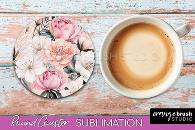 Watercolor Flowers Round Coaster - Floral Pink Sublimation Sublimation OrangeBrushStudio 