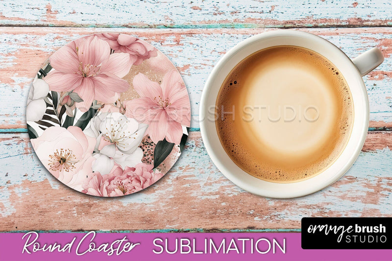 Watercolor Flowers Round Coaster - Floral Pink Sublimation Sublimation OrangeBrushStudio 