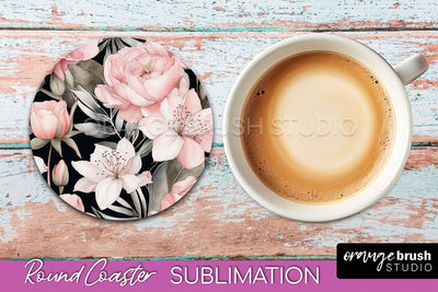 Watercolor Flowers Round Coaster - Floral Pink Sublimation Sublimation OrangeBrushStudio 