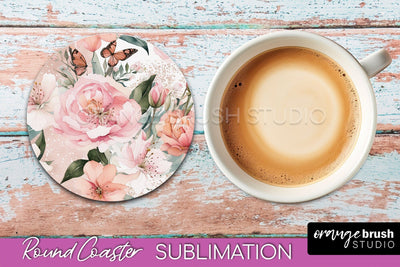 Watercolor Flowers Round Coaster - Floral Pink Sublimation Sublimation OrangeBrushStudio 