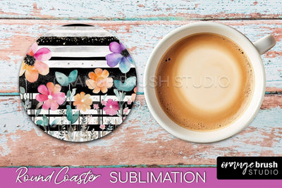 Watercolor Flowers Round Coaster - Floral Pink Sublimation Sublimation OrangeBrushStudio 