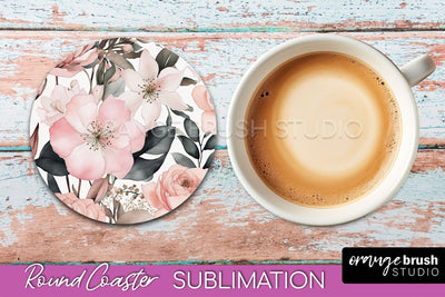 Watercolor Flowers Round Coaster - Floral Pink Sublimation Sublimation OrangeBrushStudio 