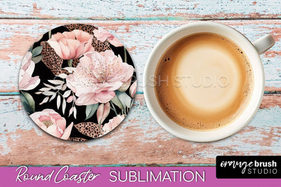 Watercolor Flowers Round Coaster - Floral Pink Sublimation Sublimation OrangeBrushStudio 