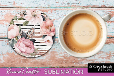 Watercolor Flowers Round Coaster - Floral Pink Sublimation Sublimation OrangeBrushStudio 