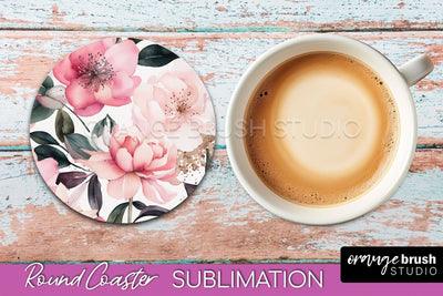 Watercolor Flowers Round Coaster - Floral Pink Sublimation Sublimation OrangeBrushStudio 