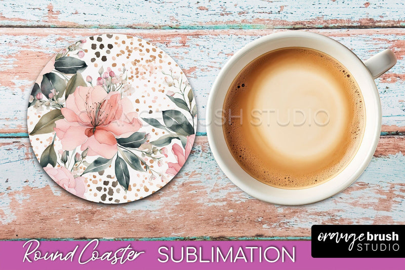 Watercolor Flowers Round Coaster - Floral Pink Sublimation Sublimation OrangeBrushStudio 
