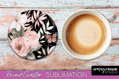 Watercolor Flowers Round Coaster - Floral Pink Sublimation Sublimation OrangeBrushStudio 