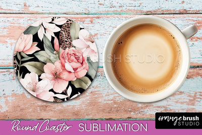 Watercolor Flowers Round Coaster - Floral Pink Sublimation Sublimation OrangeBrushStudio 