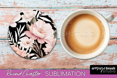 Watercolor Flowers Round Coaster - Floral Pink Sublimation Sublimation OrangeBrushStudio 