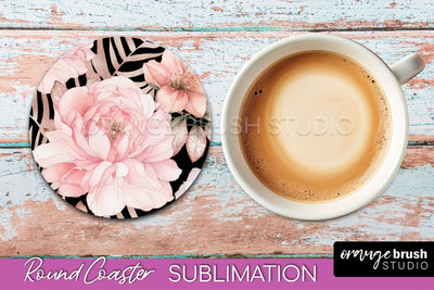 Watercolor Flowers Round Coaster - Floral Pink Sublimation Sublimation OrangeBrushStudio 