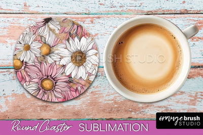 Watercolor Flowers Round Coaster - Floral Pink Sublimation Sublimation OrangeBrushStudio 
