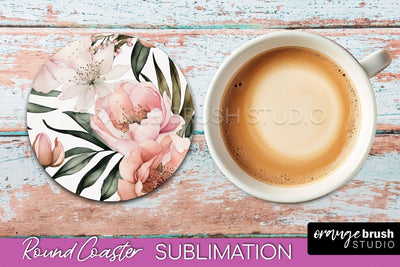 Watercolor Flowers Round Coaster - Floral Pink Sublimation Sublimation OrangeBrushStudio 