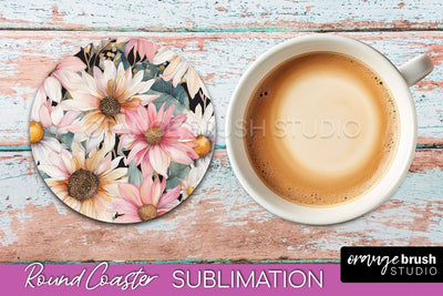 Watercolor Flowers Round Coaster - Floral Pink Sublimation Sublimation OrangeBrushStudio 