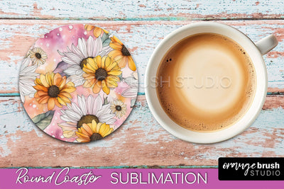 Watercolor Flowers Round Coaster - Floral Pink Sublimation Sublimation OrangeBrushStudio 