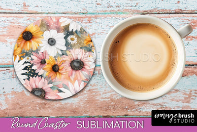 Watercolor Flowers Round Coaster - Floral Pink Sublimation Sublimation OrangeBrushStudio 