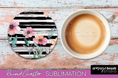 Watercolor Flowers Round Coaster - Floral Pink Sublimation Sublimation OrangeBrushStudio 